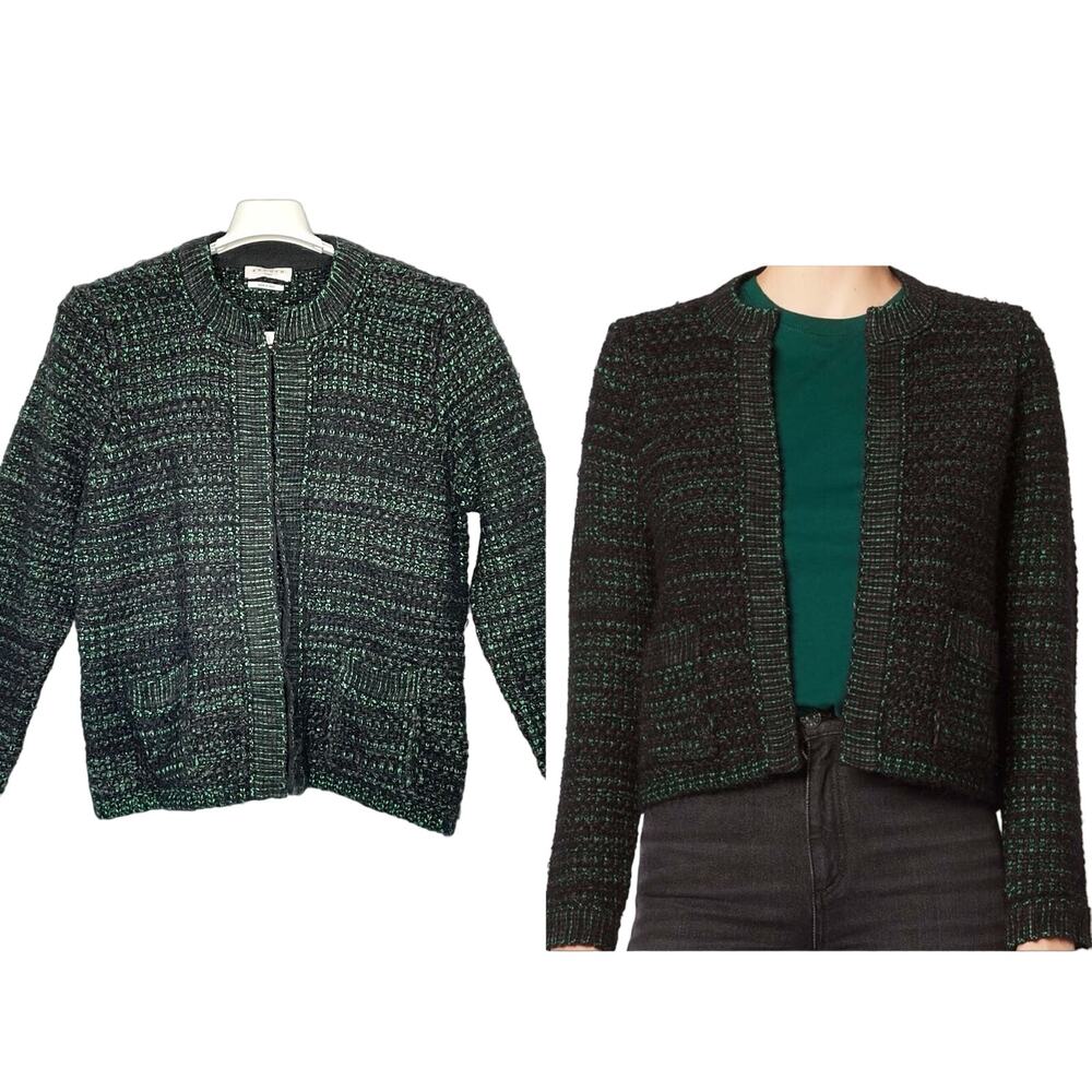 Sandro Green Black Tweed Cardigan Size 3 US Large Hook Closure Pockets